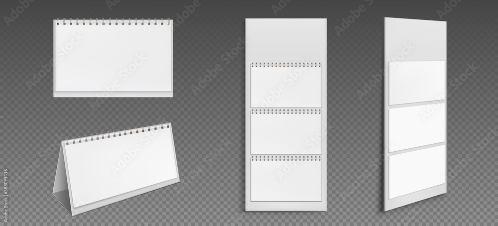 Poster calendar mockup with blank pages and binder. desktop and wall paper calender front and side view. ag
