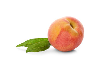 Delicious ripe juicy peach with leaves isolated on white