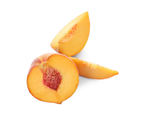 Fototapeta na wymiar Cut fresh ripe peach isolated on white, top view