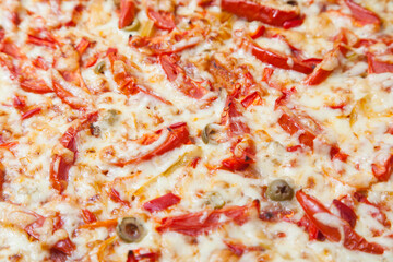 Closeup of pizza with lots of cheese and tomatoes