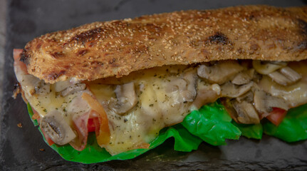 Delicious toast sandwich with ham, cheese, egg and vegetables