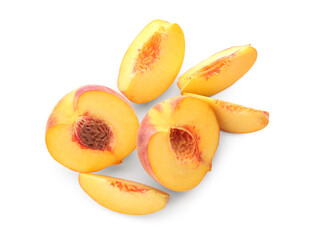 Cut fresh ripe peaches isolated on white, top view