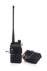 Black walkie-talkie Radio communication device isolated on white