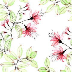 watercolor seamless pattern with transparent hibiscus flowers and leaves. transparent pink tropical flowers and green leaves on a white background. print for fabric, wallpaper. exotic jungle flowers