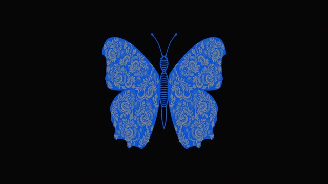 4K video animation of butterfly. Beauty Golden Butterfly decorated folk traditional ornament  in blue.