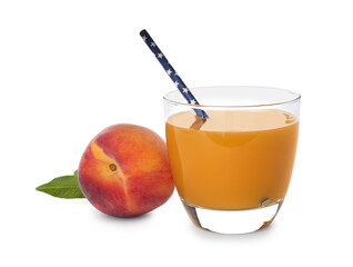 Freshly made tasty peach juice on white background