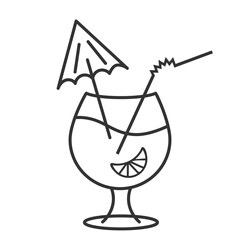 Cocktail glass icon, alcoholic drink with decorative umbrella, orange fruit, editable outline illustration