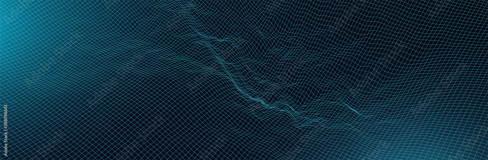 Poster 3d computer landscape. virtual wireframe surface. thin line topography. cyberspace. retro futuristic