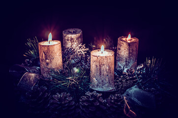 two burning candles on advent wreath - obrazy, fototapety, plakaty