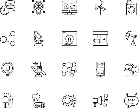 technology vector icon set such as: espresso, line, creative, tech, hour, computing, environment, programming, bitcoin, server, object, free, video, toothache, people, recovery, send, cogwheel, money