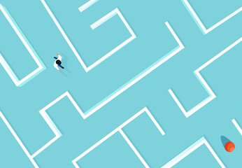 Vector of a businessman walking in a complex maze towards his target