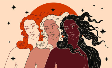 Modern vector line art Illustration or the Venus or Aphrodite Goddess  in doodle sketch style. Diverse women of different ethnicity and appearance. Poster about Feminism and Woman Power issues. © local_doctor
