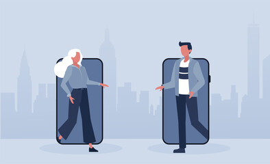 Vector of a woman and a man walking out of their smart phones to meet in real life