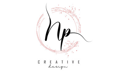 Handwritten Np N p letter logo with sparkling circles with pink glitter. - obrazy, fototapety, plakaty