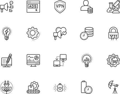 technology vector icon set such as: studio, application, drug, umbrella, bubble, pro, cyber, nature, vpn, favorite, monitor, lab, stroke, loudspeaker, server, abstract, charger, realtime, efficient