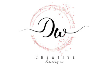 Handwritten Dw D w letter logo with sparkling circles with pink glitter.