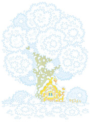 Snow-covered small wooden house from a fairytale with rustic decorations, a porch and an old fence under a big snowy tree on a pretty forest glade, vector cartoon illustration on a white background