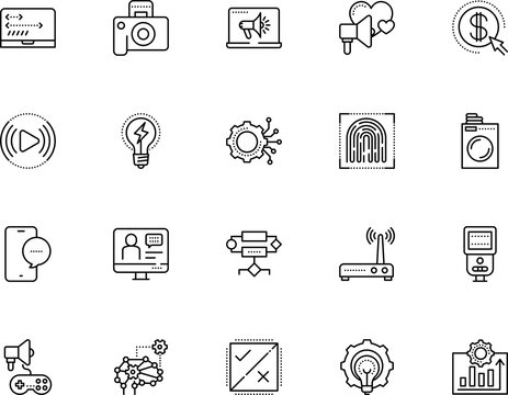 technology vector icon set such as: frame, modem, click, architecture, search, plan, loudspeaker, accessory, speech bubble, future, streaming, teacher, player, scanner, html, external, press, gaming