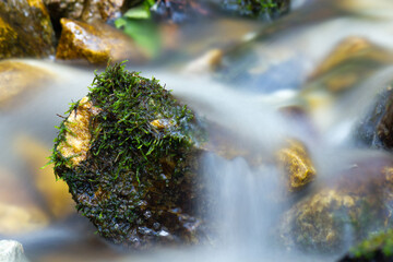 Mountain creek with water flowing (long exposure) and stone covered in moss