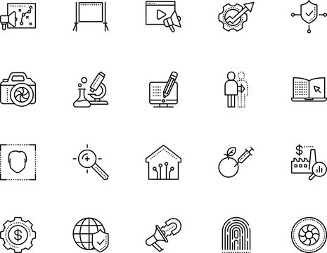 technology vector icon set such as: apple, outbound, crime, settings, project, buy, earth, reader, maintenance, stand, automation, time, pro, experiment, job, e-learning, test, inbound, ranking