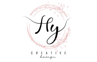 Handwritten HY H Y letter logo with sparkling circles with pink glitter.