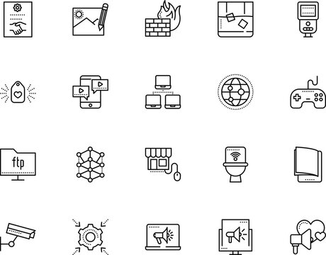 technology vector icon set such as: ai, shift, page, creative, streaming, app, organization, controller, bounce, api, safety, client, transfer, configuration, green, database, keypad, living