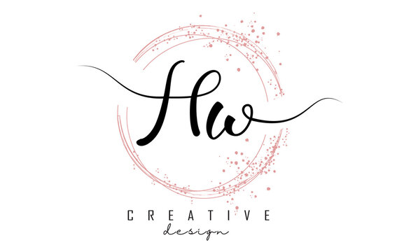Handwritten HW H W letter logo with sparkling circles with pink glitter.