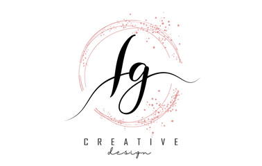Handwritten IG I G letter logo with sparkling circles with pink glitter.