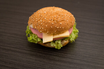 Close-up of a delicious fresh homemade Burger with lettuce, cheese, onion and tomatoes on a dark background