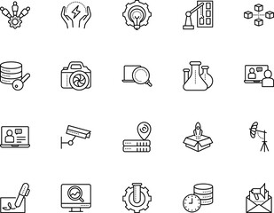 technology vector icon set such as: start, looking, industry, editable stroke, minimal, location, intelligence, film, student, realtime, blockchain, learning, info, construction, machine, graph