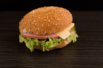 Close-up of a delicious fresh homemade Burger with lettuce, cheese, onion and tomatoes on a dark background