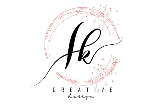 Handwritten Ik I k letter logo with sparkling circles with pink glitter.