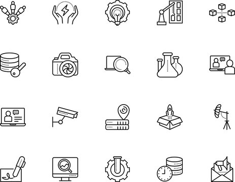 technology vector icon set such as: start, looking, industry, editable stroke, minimal, location, intelligence, film, student, realtime, blockchain, learning, info, construction, machine, graph