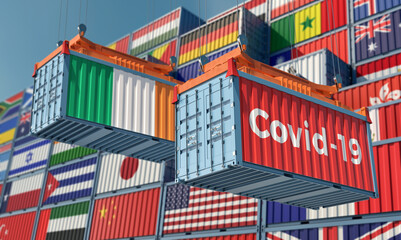 Container with Coronavirus Covid-19 text on the side and container with Ireland Flag. 3D Rendering 