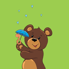 bear and worm with umbrella in the rain, best friends, illustration for children