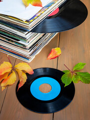Collection of old vinyl records in a stack with autumn leaves.