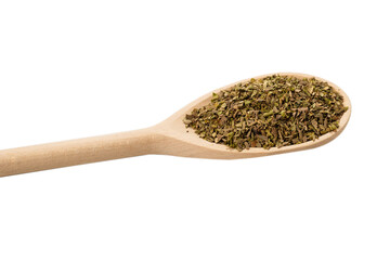 Oregano spice in wooden spoon isolated.