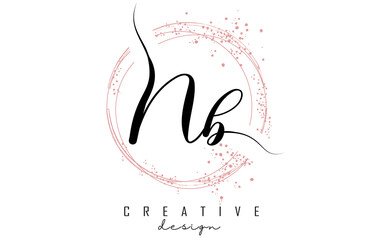 Handwritten NB N B letter logo with sparkling circles with pink glitter.