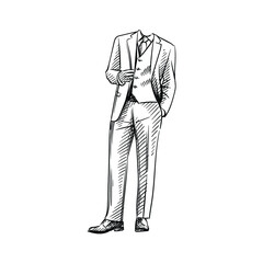 Hand-drawn sketch of sketch of tuxedo. Groom suit sketch. Wedding accesories and attributes. Preparation for wedding ceremony. Bride and groom. Holiday. Celebration. - 388099645