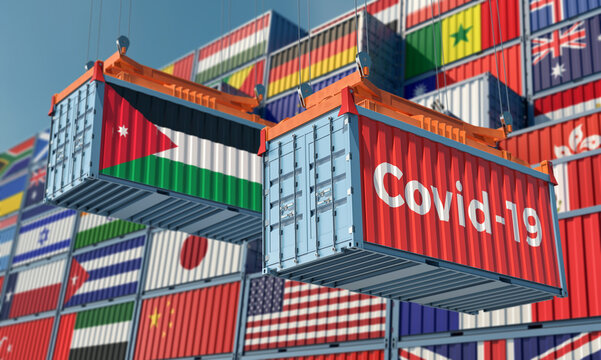 Container with Coronavirus Covid-19 text on the side and container with Jordan Flag. 3D Rendering © Marius Faust
