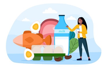 Healthy eating abstract concept with a girl standing next to a set of products, eggs, milk, cheese, herbs, meat. Flat cartoon vector illustration with fictional characters