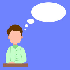 In class, the boy thinks. A man is sitting at a Desk up to his waist. white cloud for text. Vector illustration on a blue isolated background.