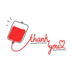 Donating blood through special bag and red lettering thank you