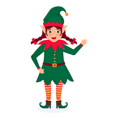 Funny Christmas elf girl with pigtails. Vector illustration. Cartoon character.