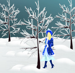 snow maiden in winter forest.