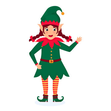 Funny Christmas elf girl with pigtails. Vector illustration. Cartoon character.