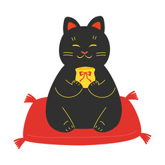 Black japanese traditional maneki neko cat statue with money bag