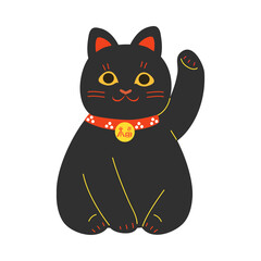 Japanese traditional black maneki neko cat in red collar with raised paw