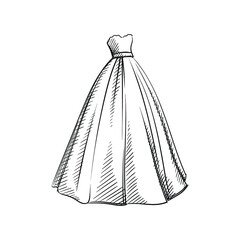 Hand-drawn sketch of wedding gown. Wedding accesories and dress. Preparation for wedding ceremony. Bride and groom. Holiday. Celebration.