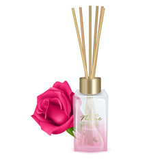 Vector illustration glass jar with aroma sticks, Sticks of roses aroma. Realistic Vector illustration on white background